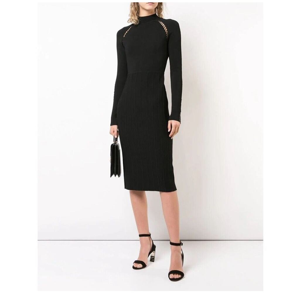 Lela Rose Black Ponte Cocktail Dress Lattice Trim Mock Neck Size XS
